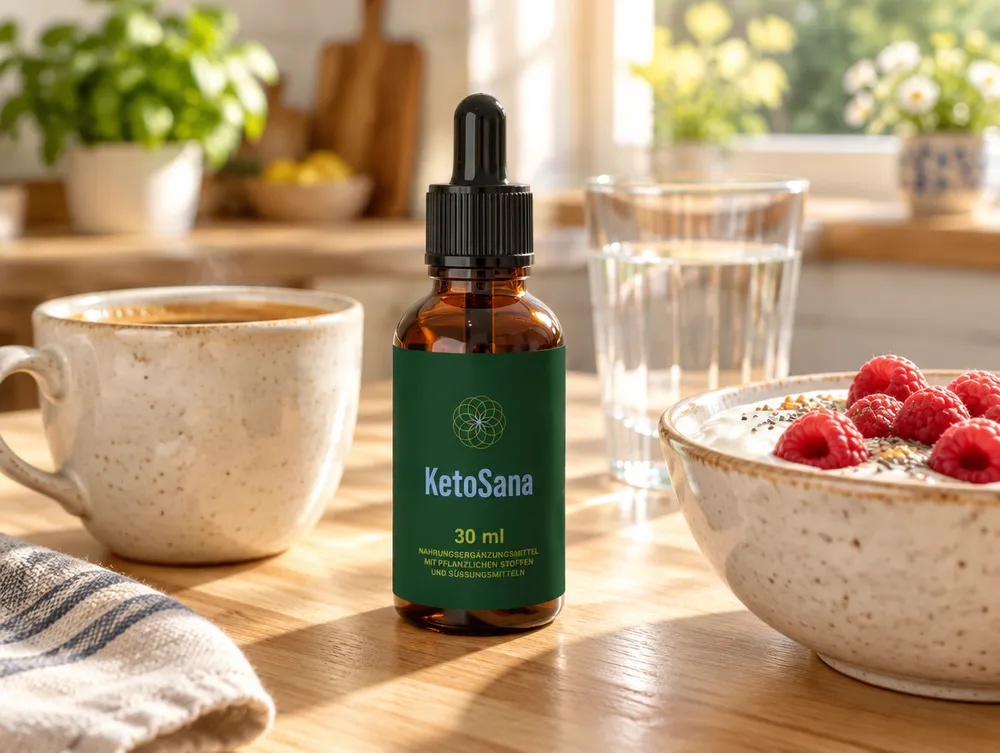 KetoSana Flasche auf dem Frühstückstisch neben Kaffee und Joghurt mit Himbeeren
